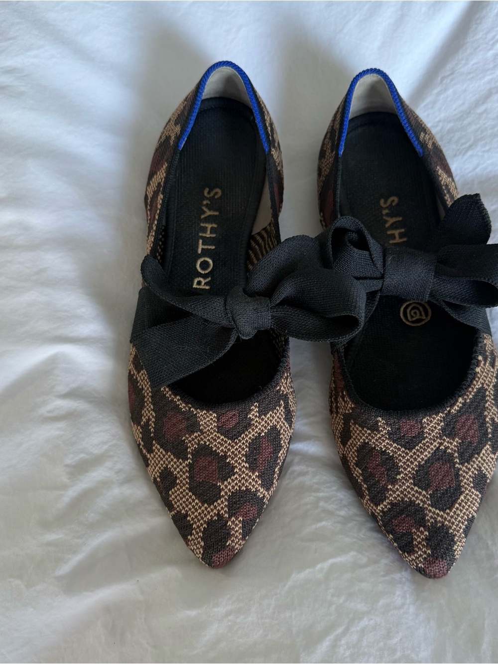 Rothy's Leopard Pointed Toe Mary Jane Ballet Flats with Bow - Brown